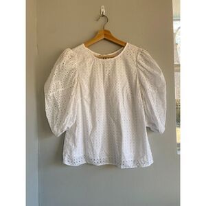 A new day White Eyelet Blouse, Puff Sleeves, 3/4 Sleeves Size Small